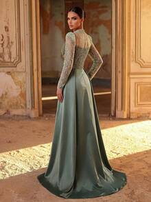 Aureia Đầm maxi dáng đuôi cá sang trọng, đính cườm, thêu sequin, tay voan mỏng, chất liệu satin, thích hợp cho đám cưới, tiệc tùng, kỳ nghỉ, dạ hội và các sự kiện trang trọng (được trang trí cầu kỳ). - màu xanh lá - Xem 3
