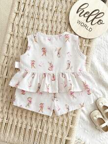 Neugeborenes Baby Mädchen Urlaubs Lässig süßes rosa & weißes gestreiftes Schleife Dekor Trägertop & Shorts Set - Verschiedenfarbig - Übersicht 2