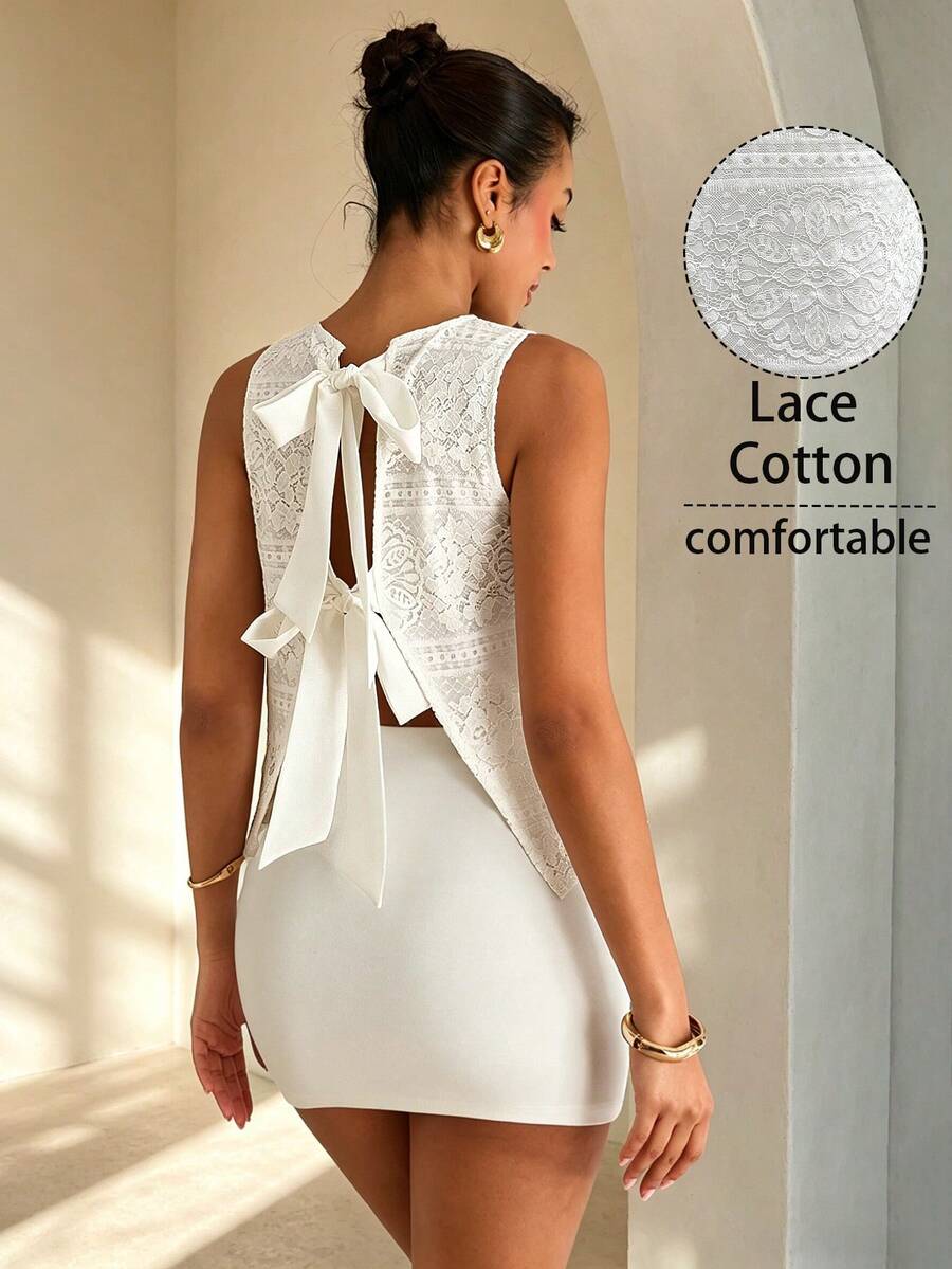 Glamine Kỳ nghỉ lãng mạn, hoạt động ngoài trời, thường ngày, thanh lịch, cổ điển, thời trang, thoải mái, quyến rũ, thành thị, công sở, đi làm, dễ thương, ngày lễ tình nhân, hẹn hò, tiệc tùng, bãi biển, vải ren, không tay, cổ tròn, thắt nơ phía trước, áo khoác cardigan nữ. - trắng - Xem 1