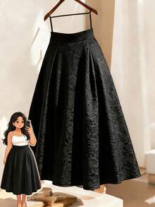 GlowEve CURVE Plus Size Women Floral Jacquard Minimalist A-Line Skirt, Elegant Casual Office Commute Holiday - Black - View 1