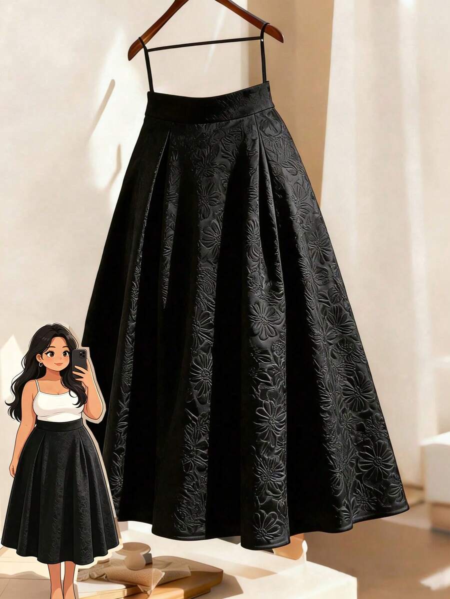 GlowEve CURVE Plus Size Women Floral Jacquard Minimalist A-Line Skirt, Elegant Casual Office Commute Holiday - Black - View 1
