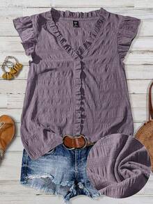 Linhara Plus Size Women's Solid Color Textured V-Neck Ruffle Trim Petal Sleeve Fitted Casual Regular Blouse - Dusty Purple - View 1