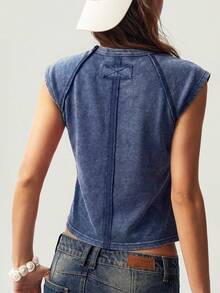 Bohemela Solid Color Knit Crew Neck Fitted Washed T-Shirt For Women,Summer Top - Navy Blue - View 2