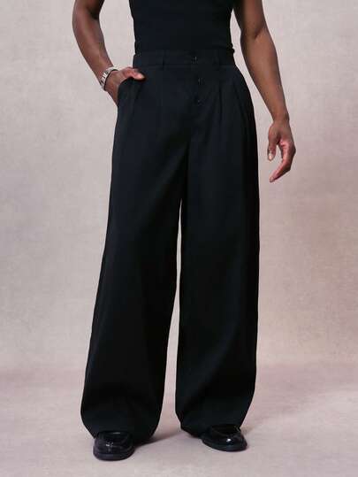 STYNVO 男士休闲纯色褶裥斜插口袋阔腿裤