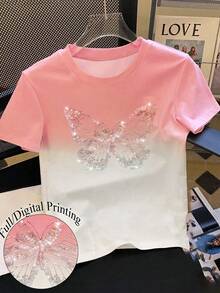 Girls' Short Ombre Gradient Sequin Butterfly Print T-Shirt, Suitable For Outdoor, Spring, Summer, Autumn - Multicolor - View 3
