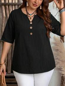 EMERY ROSE 女士夏季七分袖黑色纯棉休闲衬衫 - 黑色 - 查看 6