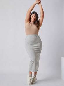 SHEIN BASICS 大尺碼女款休閒度假純色鬆緊腰鉛筆裙，適合夏秋 - 淺灰色 - 查看 3