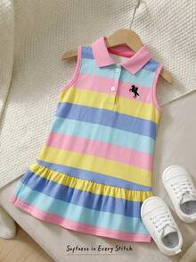 Cozy Pixies Bộ đồ mặc nhà thường ngày cho bé gái, kiểu dáng ngọt ngào dễ thương, kẻ sọc cầu vồng, cổ áo mở, không tay, dáng chữ A, phối bèo nhún. - Nhiều màu - Xem 2