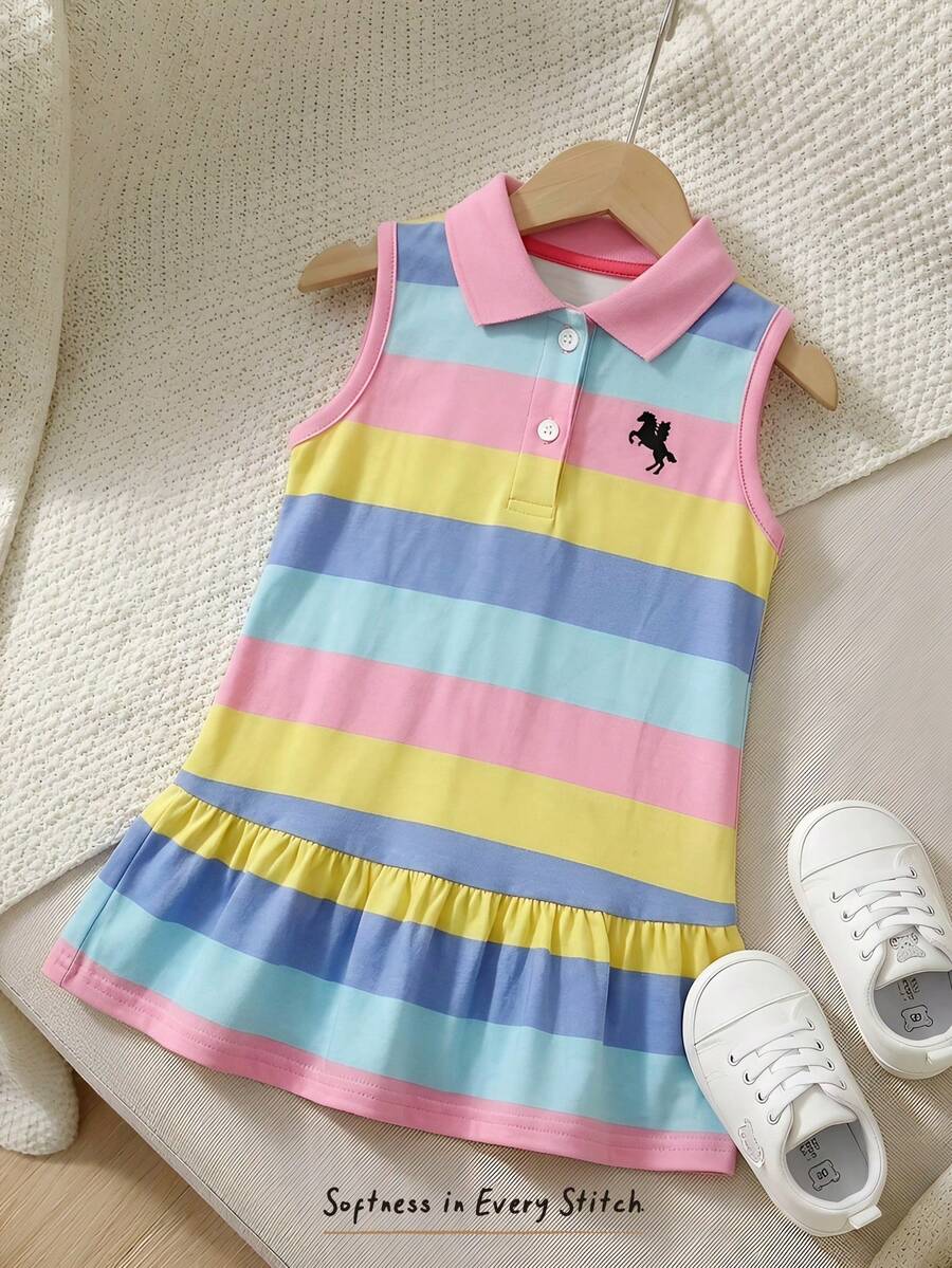 Cozy Pixies 女婴休闲家居套装甜美可爱彩虹条纹纽扣开领无袖拼接荷叶边A字连衣裙T恤裙Polo衫裙 - 彩色 - 查看 1