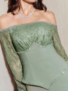 Anewsta Vestido de noche de alta gama, con adornos de cuentas y cristales, diseño 2 en 1, elegante y lujoso - Verde militar - Ver 7