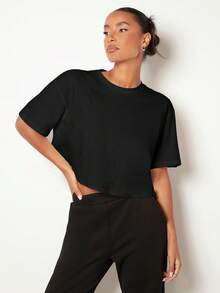 SHEIN BASICS 女款素色圓領休閒百搭日常穿搭T恤夏季上衣 - 黑色 - 查看 6