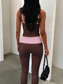 SHEIN EZwear 2026新款波点撞色夏季吊带背心和裤子套装，适合春夏外出穿着，波点印花吊带背心，甜美波点吊带背心，棕色底粉色波点拼接吊带背心 - 彩色 - 查看 2