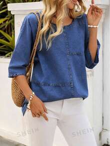 SHEIN Plus Size Women Summer Casual Denim Blouse - Medium Wash - View 1