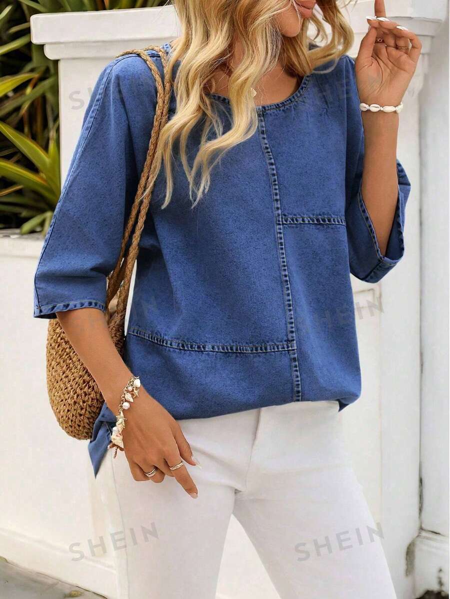 SHEIN Plus Size Women Summer Casual Denim Blouse - Medium Wash - View 1