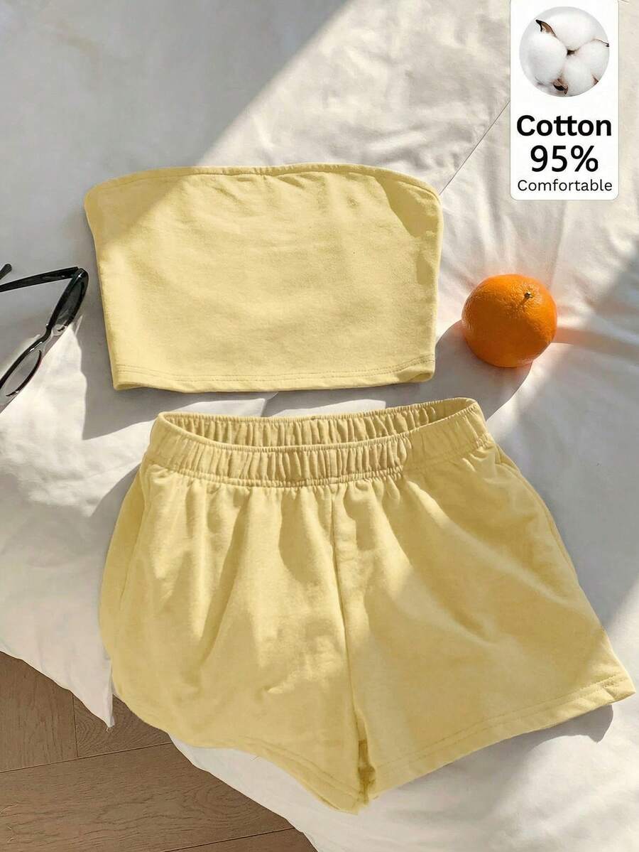 Comfortcana 95% 棉浅黄色女士两件套，适合度假、毕业季、夏季上衣、日常通勤、约会、聚会、秋冬夏季、圣诞节、新年、感恩节、派对、婚礼、海滩、毕业典礼、时尚、优雅、休闲、外出、约会、预订、通勤、闪亮、情人节、优雅、度假、休闲、Y2K、外出、毕业典礼和其他场合。 - 黃色 - 查看 1