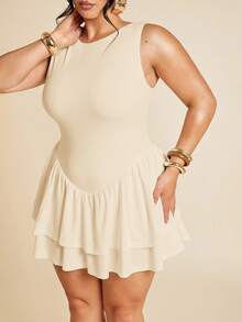 SHEIN BAE Plus Size Women's Elegant,Festa,Wedding Guest Beige,Summer Sleeveless Tight Pleated Slim Double Layer Ruffle Jumpsuit,Valentine's Day White Jumpsuit - Apricot - View 7
