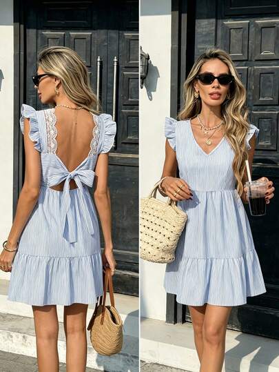 Pariaura Blue & White Striped V-Neck Flare Sleeve Dress, Waist Cinched Flared Skirt, Backless Floral Lace Patchwork Bow Tie Strap, Refreshing Summer Vacation & Casual Short Dress Womans Dress Womens Summer Dresses Women Clothing Dress Picnic Dresses For Women Women Sundresses