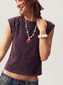 Bohemela Solid Color Knit Crew Neck Fitted Washed T-Shirt For Women,Summer Top - Coffee Brown - View 7