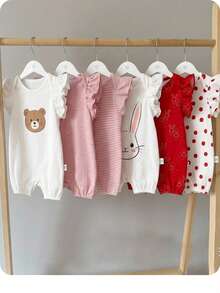 Conjunto de 3 piezas de pelele de bebé recién nacido niña con lindo estampado de dibujos animados, para verano - Rosa - Ver 3