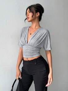 Aloruh Áo thun dệt kim tay ngắn cổ chữ V màu xám in hình dơi, áo thun trơn dành cho người đi làm. - Màu Xám nhạt - Xem 7