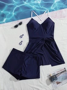 Swim Lushoire New Plus Size Women's Blue V-Neck Adjustable Strap Bikini Set, High Waist Tankini Top And Shorts Two Pieces Swimsuit - Blue - View 7