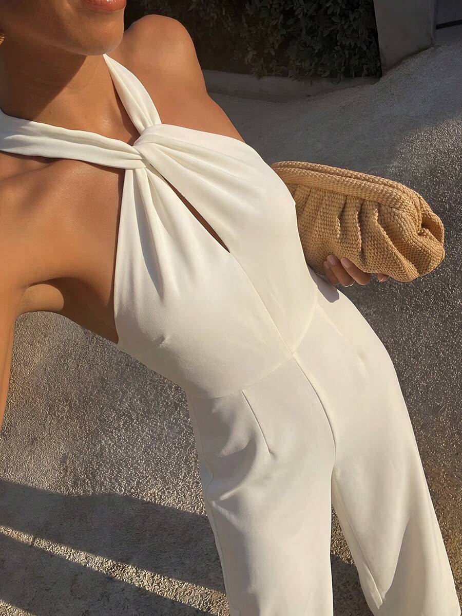 Firerie Eleganter, moderner Pendler-romantischer Date-sexy Party-Strandresort-Jumpsuit mit Trägerhals, rückenfreiem Design, geraffter Taille und weitem Bein, geeignet für Festivals, Valentinstag, Hochzeitssaison, Musikfestivals - Aprikosenfarben - Übersicht 1