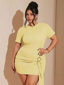 SHEIN BAE Đầm ngắn tay màu nâu cài cúc kim loại vàng dành cho nữ cỡ lớn, thích hợp cho kỳ nghỉ hè đi biển. - Vàng nhạt - Xem 5