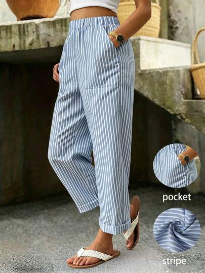 Linhara CURVE Büyük Beden Kadın Tatil Günlük Giyim, Lastikli Bel, Cepli Çizgili Pantolon, Rahat ve Çok Yönlü Görünüm, Günlük Kullanım