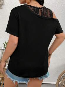 SHEIN LUNE CURVE Damen Große Größen Einfarbiges T-Shirt mit Kontrast-Spitze, Ausschnitt an den Schultern und Kurzarm, modisch - Schwarz - Übersicht 2