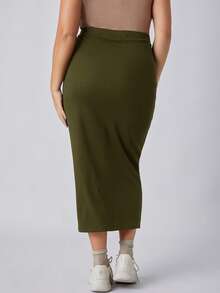 SHEIN BASICS 大码女式纯色休闲百搭约会外出A字裙 - 軍綠色 - 查看 2