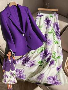 GlowEve CURVE Conjunto de 2 piezas de mujer talla grande con blazer elegante y estampado floral y falda holgada de línea A, conjunto de traje sastre informal de negocios con blazer y falda floral, conjunto de mujer de primavera - Morado - Ver 1
