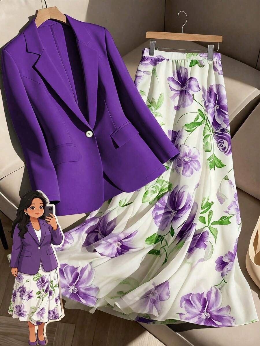 GlowEve CURVE Conjunto de 2 piezas de mujer talla grande con blazer elegante y estampado floral y falda holgada de línea A, conjunto de traje sastre informal de negocios con blazer y falda floral, conjunto de mujer de primavera - Morado - Ver 1