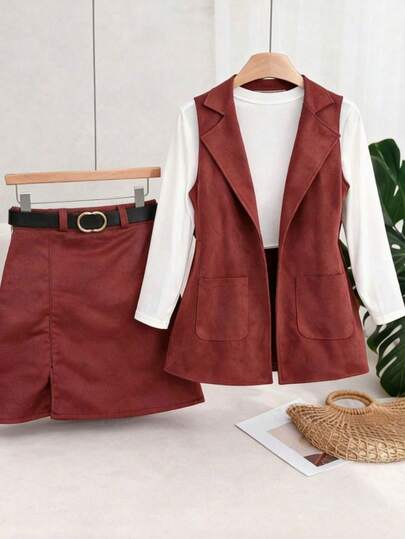 Conjunto de Chaleco y Falda Mini para Mujer.  Incluye Blusa y Cinturón.  Gamuza Suave.