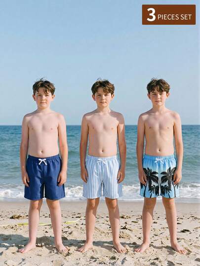 3pcs Boys' Swimwear Set, Woven Fabric, Coconut Tree Striped Print, Suitable For Beach Vacation And Swimming