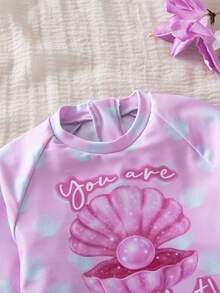 SHEIN Traje de baño de una pieza con cuello redondo, mangas raglán y volantes con estampado total para niña - Multicolor - Ver 6