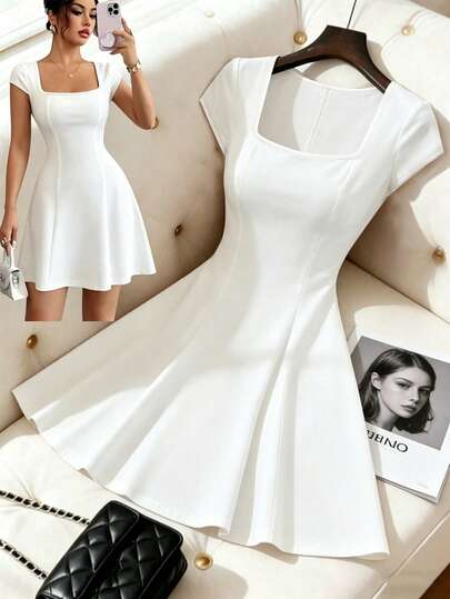 Selianne New Women's Square Neck, Cap Sleeve, A-Line, High-Stretch Fabric Solid Color Chic Fashion Young Fitting Commute Daily Casual Versatile Waist-Defining Slim Autumn/Winter Elegant Refined Dress