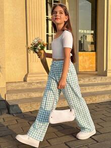SHEIN Nova Glow 青少年女孩度假休閒格紋印花寬腿褲，適合母親節、畢業季、春夏季日常、出遊、度假、假日穿著，時尚女孩休閒新風格，適用返校與輕鬆氛圍 - 綠色 - 查看 4