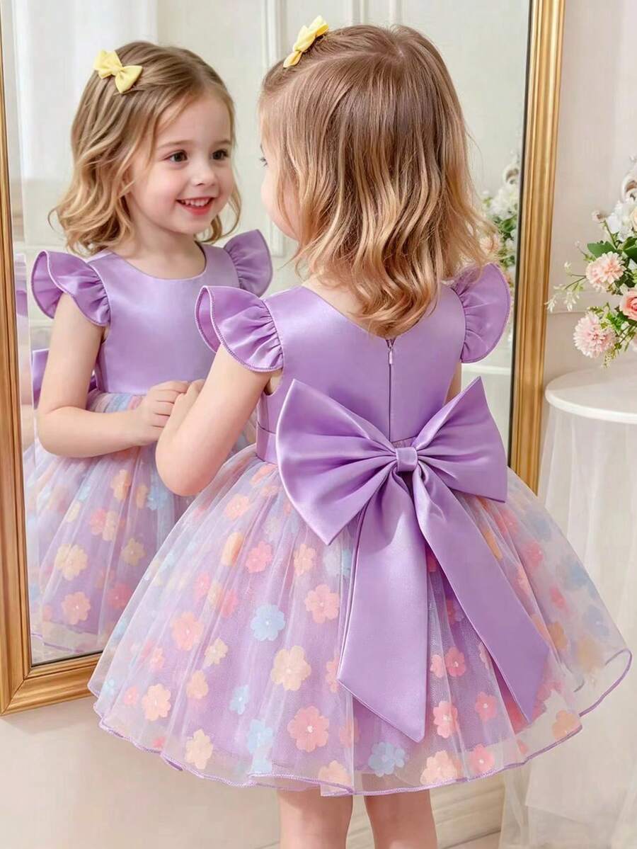 SHEIN Glamorique Kids 女婴万圣节派对礼服，紫色缎面短袖公主裙，配彩色刺绣薄纱裙摆和可拆卸缎面蝴蝶结，适合生日、婚礼、舞台表演、派对和其他正式场合。 - 紫色 - 查看 1