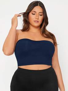 SHEIN BASICS 大码女式纯色露脐抹胸上衣 - 霧霾藍 - 查看 5