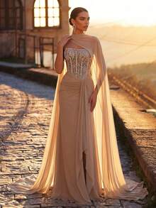 Elitara Elegant Luxurious Beaded Sequin Puff Ball Splice Elastic Knit Ruched Ruffle Hem Slit Fishtail Skirt With Halter, Suitable For Wedding, Party, Vacation, Prom, Evening Gown - Apricot - View 2