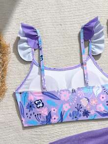 SHEIN 少女热带植物印花比基尼套装 - 紫色、粉色、白色、蓝色细肩带荷叶袖上衣，花卉印花三角泳裤，配套纱笼，带胸垫，款式保守舒适，时尚泳装，适合夏季度假、泳池、冲浪等场合。 - 紫色 - 查看 6