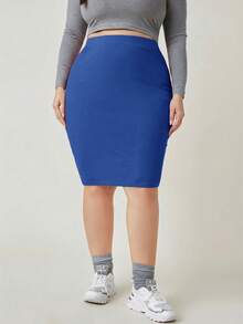 SHEIN BASICS 大码女式纯色休闲百搭通勤半身裙 - 寶藍色 - 查看 6