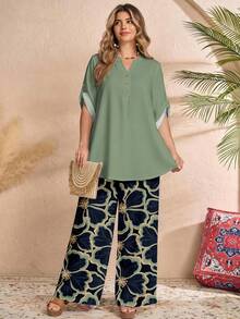 Rusticease Plus Size Women's Casual Vacation Notched Neck Roll Tab Sleeve Loose Top And Floral Print Wide Leg Loose Pants Set, Spring/Summer/Autumn - Multicolor - View 7