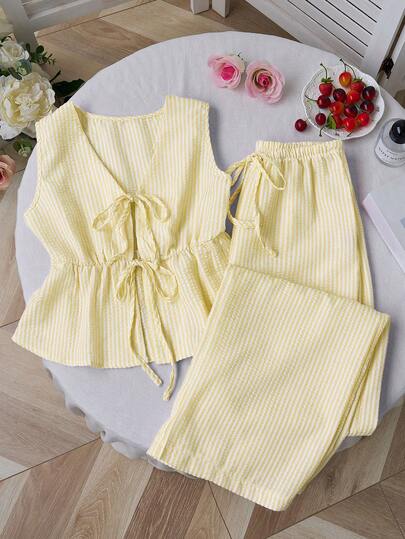 Sweetra Nuevo conjunto de dos piezas de pantalón recto minimalista con cordones y rayas rosas, al estilo europeo y estadounidense para el verano, para mujeres