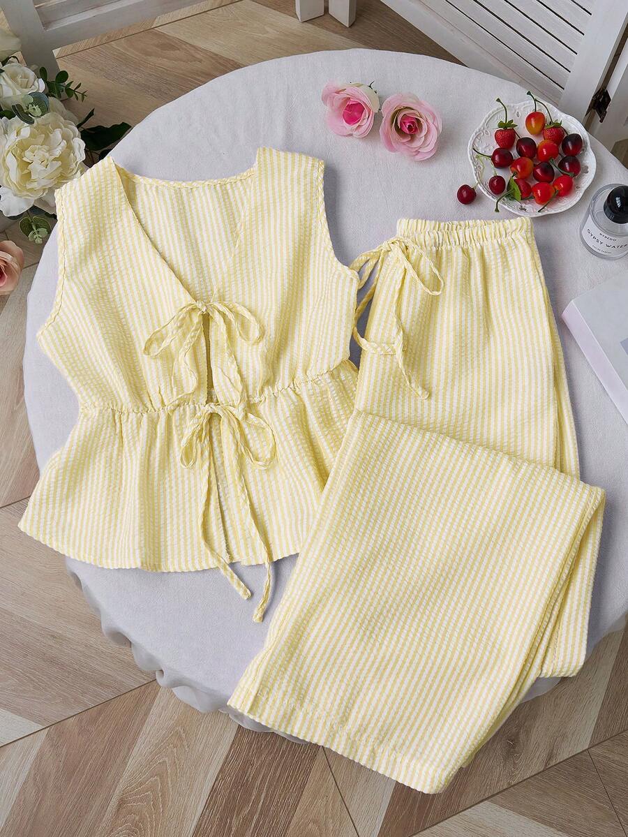 Sweetra Quần ống đứng tối giản sọc hồng mới phong cách châu Âu và Mỹ, bộ đồ hai mảnh cho nữ - Màu vàng - Xem 1