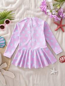SHEIN Traje de baño de una pieza con cuello redondo, mangas raglán y volantes con estampado total para niña - Multicolor - Ver 2