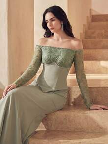 Anewsta Vestido de noche de alta gama, con adornos de cuentas y cristales, diseño 2 en 1, elegante y lujoso - Verde militar - Ver 5