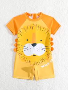 SHEIN Baby Boy Cartoon Tiger Printed Back Zipper One-Piece Swimsuit With Side 3D Decoration - Multicolor - View 7