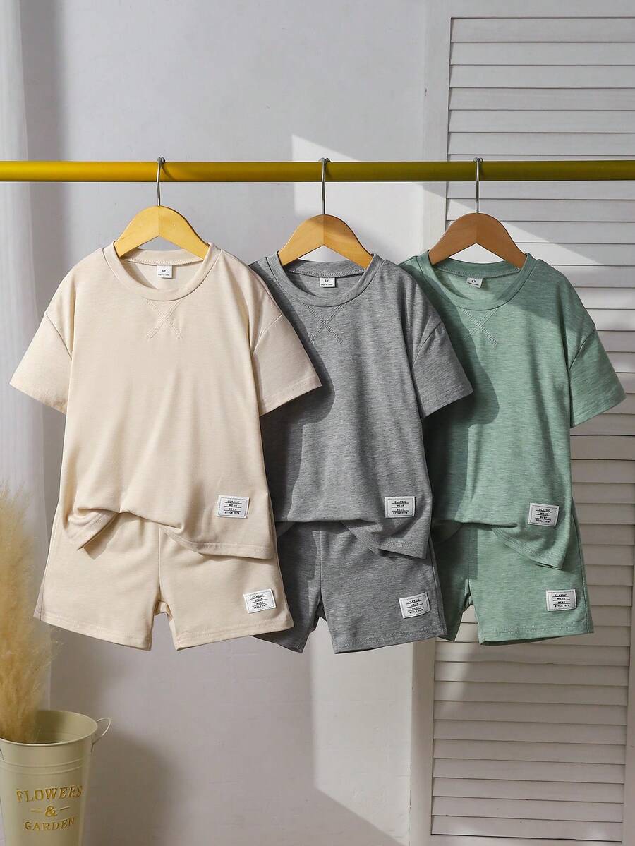 SHEIN 6件套儿童休闲简约圆领T恤短裤套装，夏季运动服，3种颜色（灰色、黑色、白色） - 彩色 - 查看 1