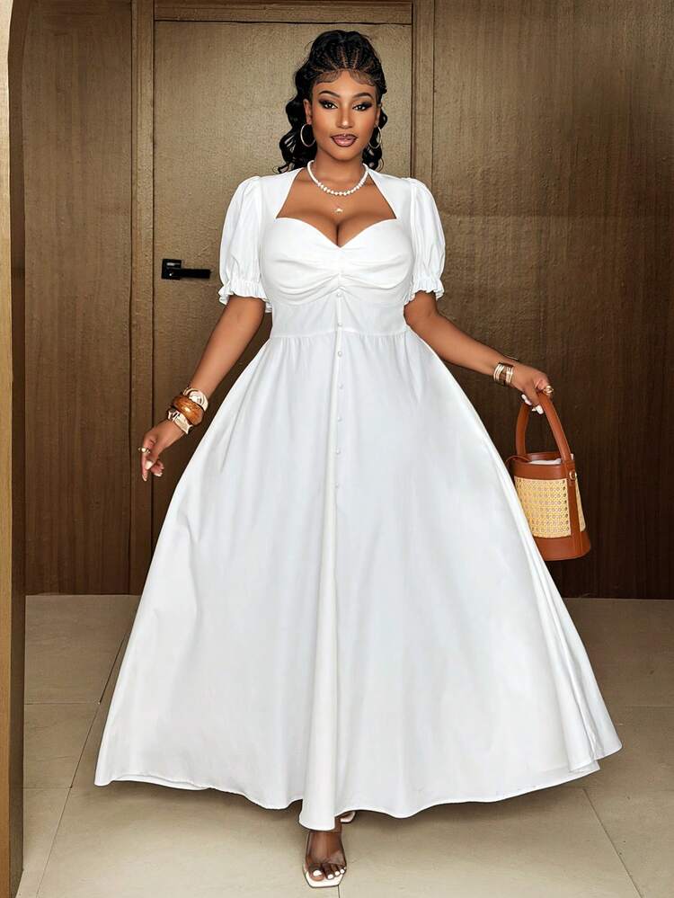 White Sexy Elegant Fitted Square Neck Short Sleeve New Year & Halloween Plus Size Dress, Spring/Summer - White - View 3